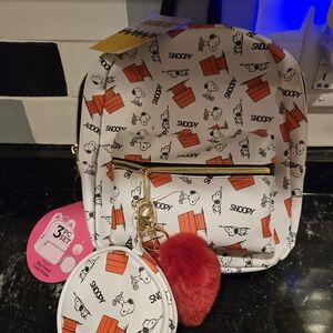Kids Snoopy White & Red Mini Backpack with Pom Pom Keychain